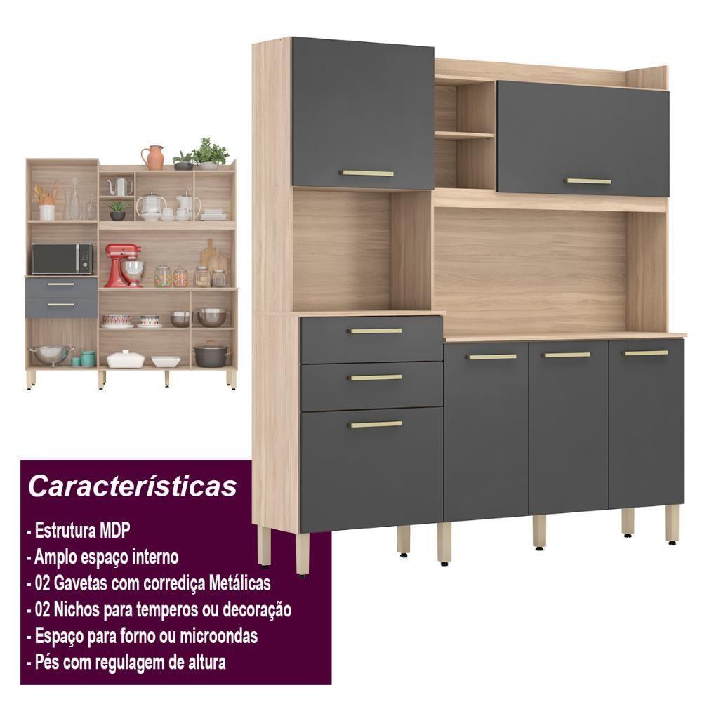 Armário Cozinha Compacta 6 Portas 2 Gavetas 1 Espaço Forno Select Avena - Grafito Avena - Grafito - 4