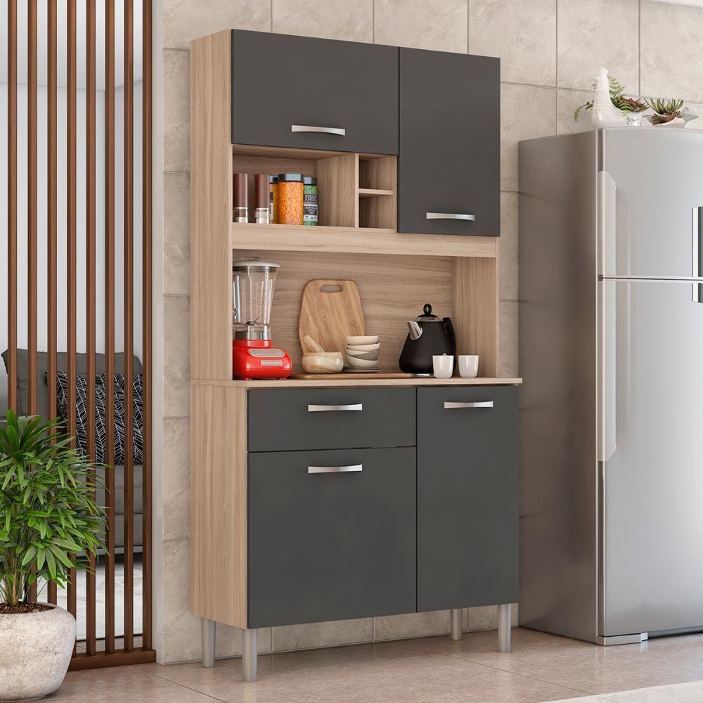 Armário Cozinha Compacta 4 Portas 1 Gaveta 3 Nichos Malta Avena Grafito Avena - 2