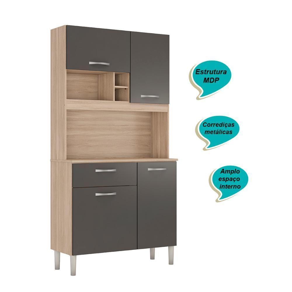 Armário Cozinha Compacta 4 Portas 1 Gaveta 3 Nichos Malta Avena Grafito Avena - 7