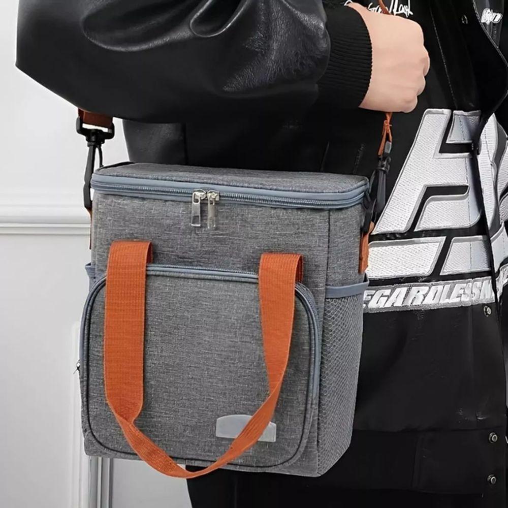 Bolsa Térmica Lancheira Alça Transversal Multiuso Moderna Reforçada Fitness Academia Trabalho Cinza - 4