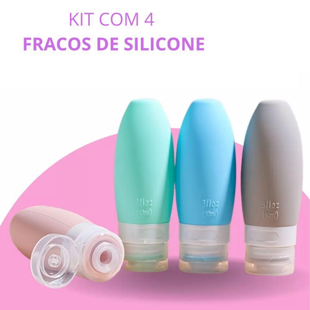 Kit Viagem 4 Frascos Silicone Porta Creme Shampoo Condicionador 90ml - 4