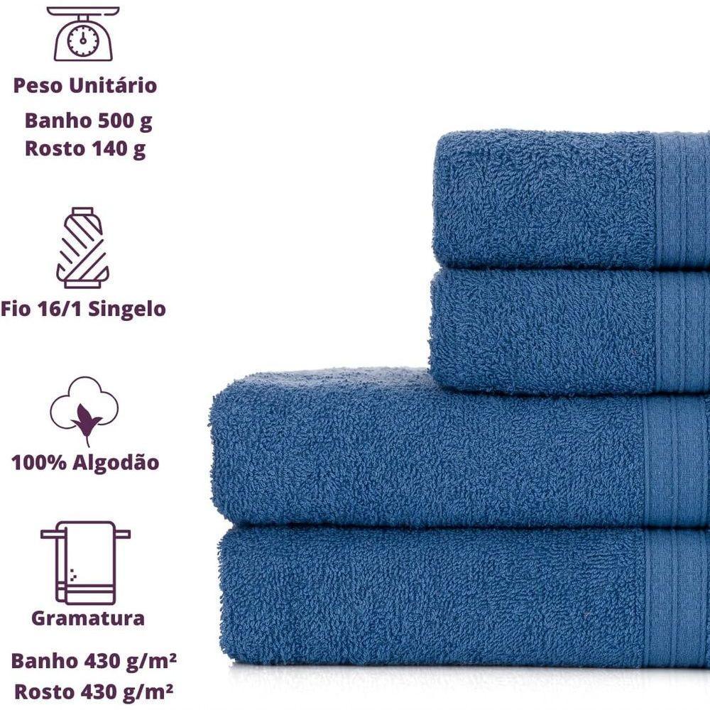 Toalhas De Banho 4 Peças 100% Algodão Alta Absorção 2 Banho + 2 Rosto Padrão Hotel pousada Azul - 2