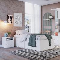 Quarto Juvenil Com Cama, Guarda Roupas E Mesa De Cabeceira 80 Tókio Branco - 1