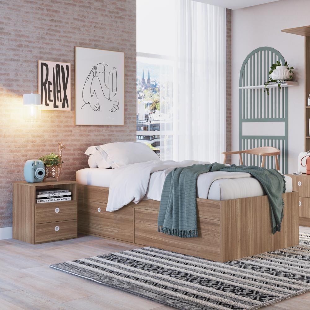 Quarto Juvenil Com Cama, Guarda Roupas E Mesa De Cabeceira 80 Tókio Montana - 1