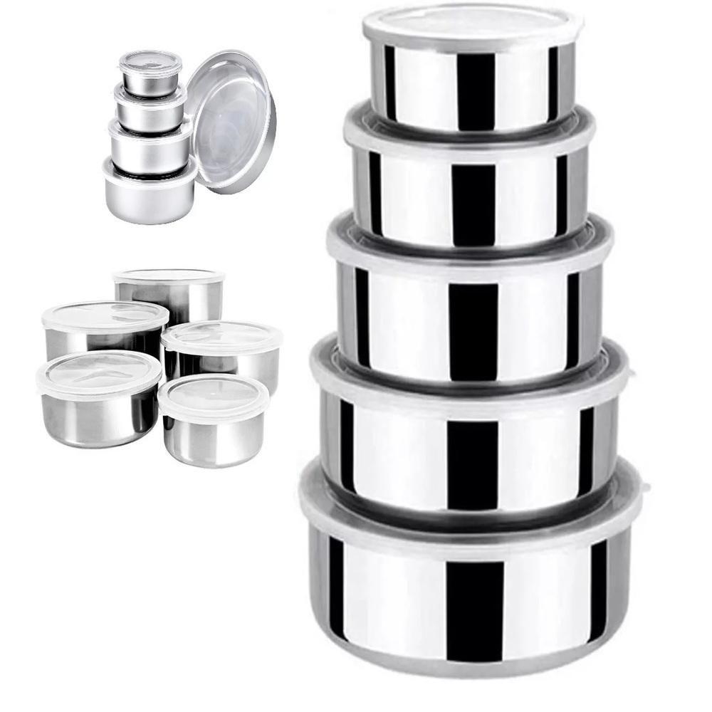 Kit 5 Potes Tigelas Inox Guarda Alimento Bowl Saladeira Jogo Vasilha Com Tampa - 2