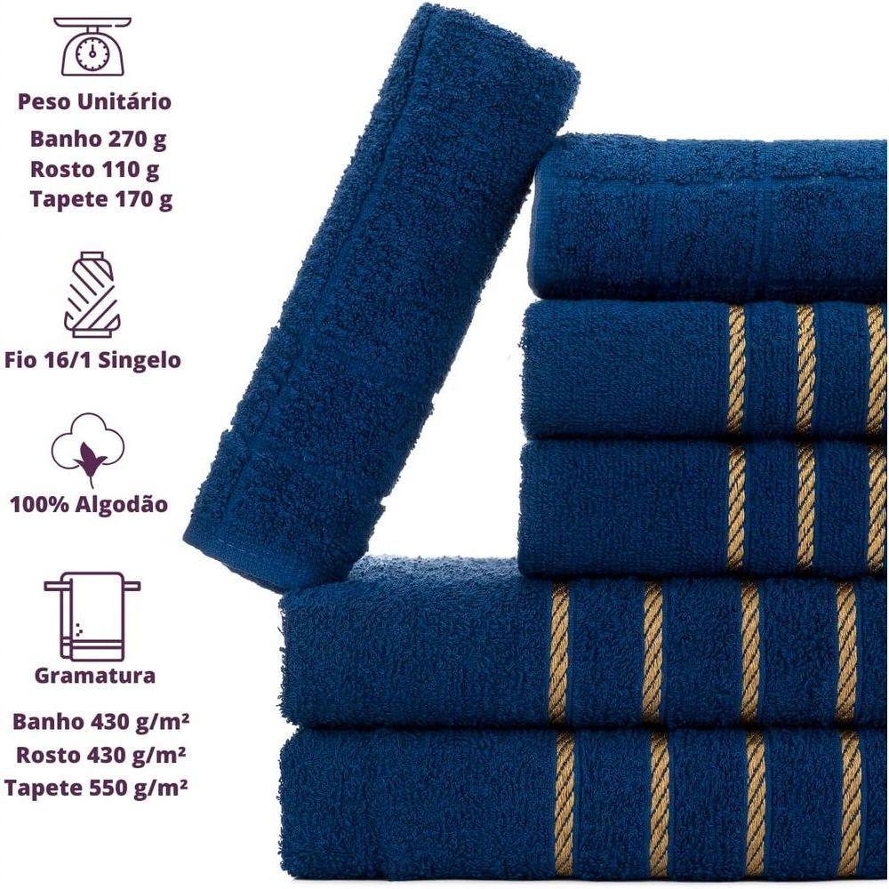 Jogo De Toalha Montreal 2 Banhão + 2 Rosto + 2 Tapete Piso Luxuoso 100% Algodão Azul Marinho - 4