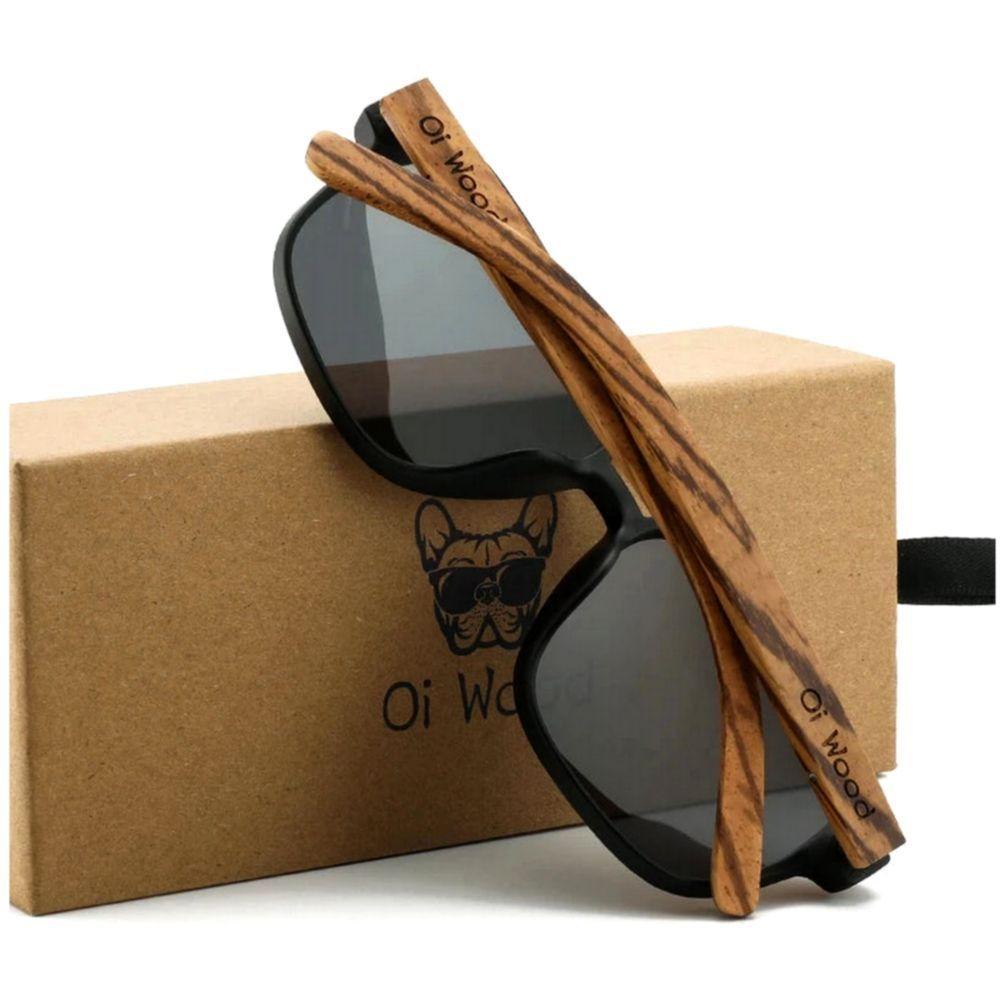 Óculos De Sol Unissex Quadrado Design Madeira Polarizado Com Proteção Uv400 Preto Cinza - 2