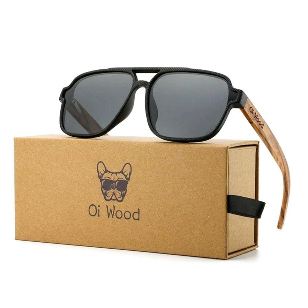 Óculos De Sol Unissex Quadrado Design Madeira Polarizado Com Proteção Uv400 Preto Cinza - 3