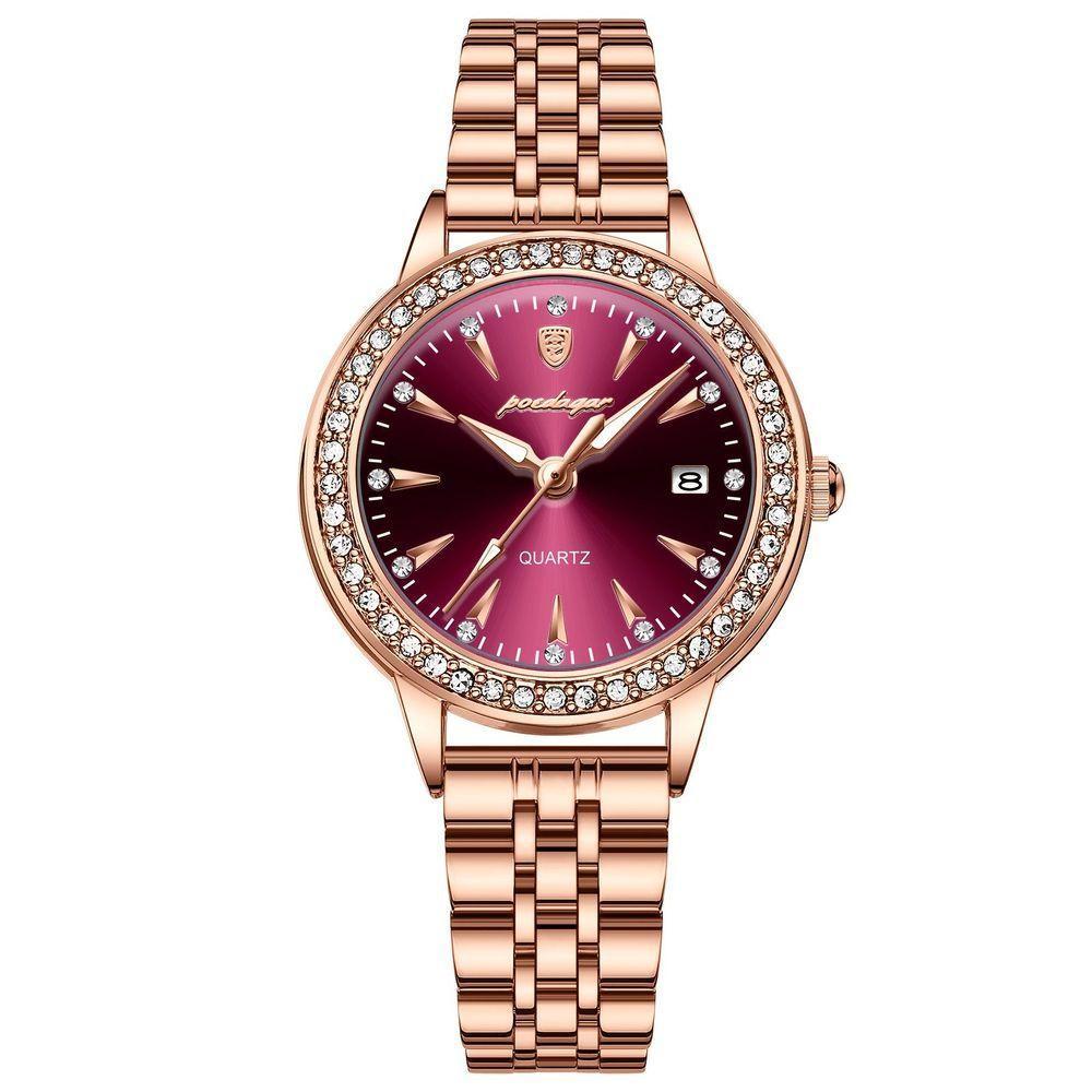 Relógio De Quartzo Elegante Para Mulheres Luxo Com Strass Pulseira De Aço Inoxidável Rosa Dourado Roxo - 1