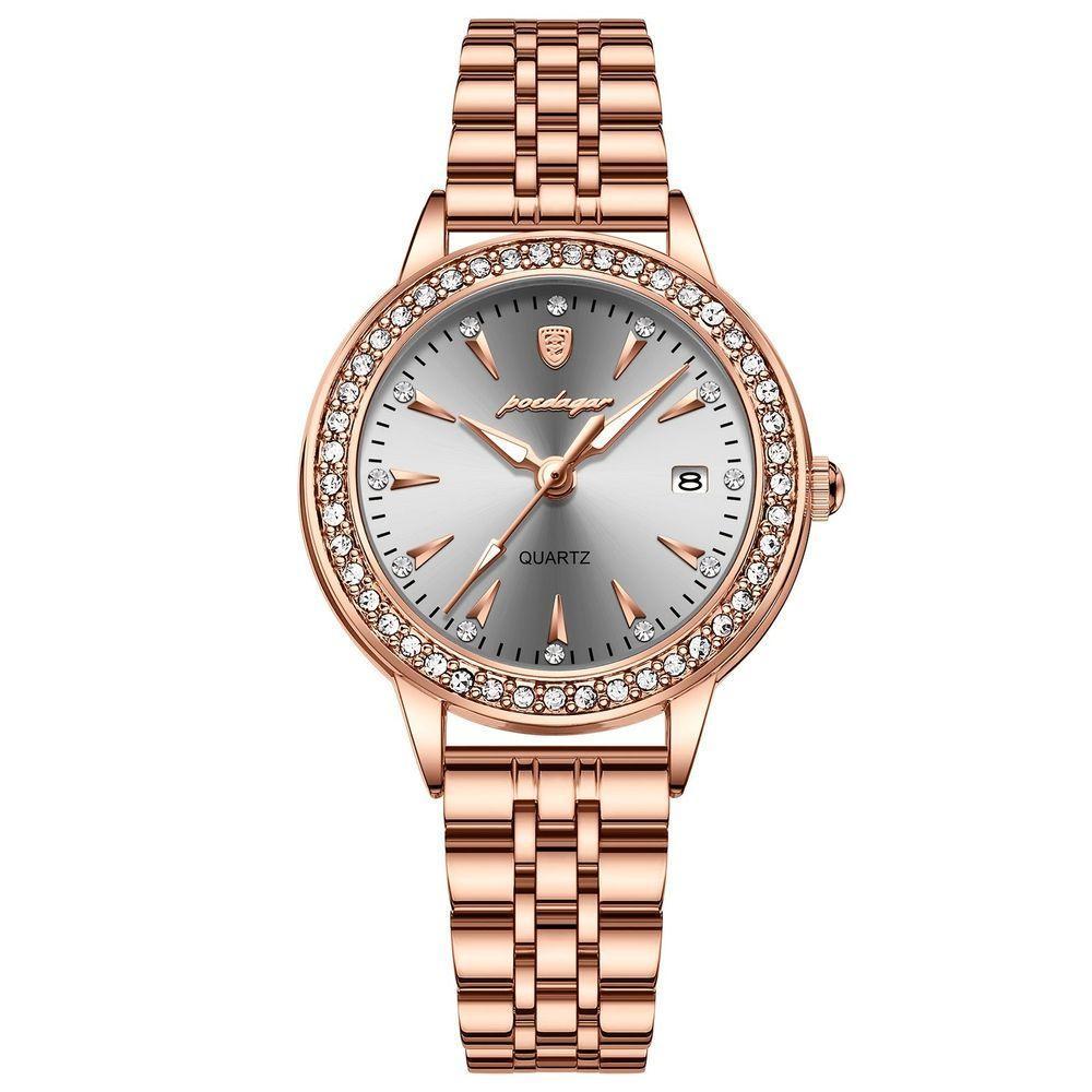 Relógio De Quartzo Elegante Para Mulheres Luxo Com Strass Pulseira De Aço Inoxidável Rosa Ouro Branco - 1