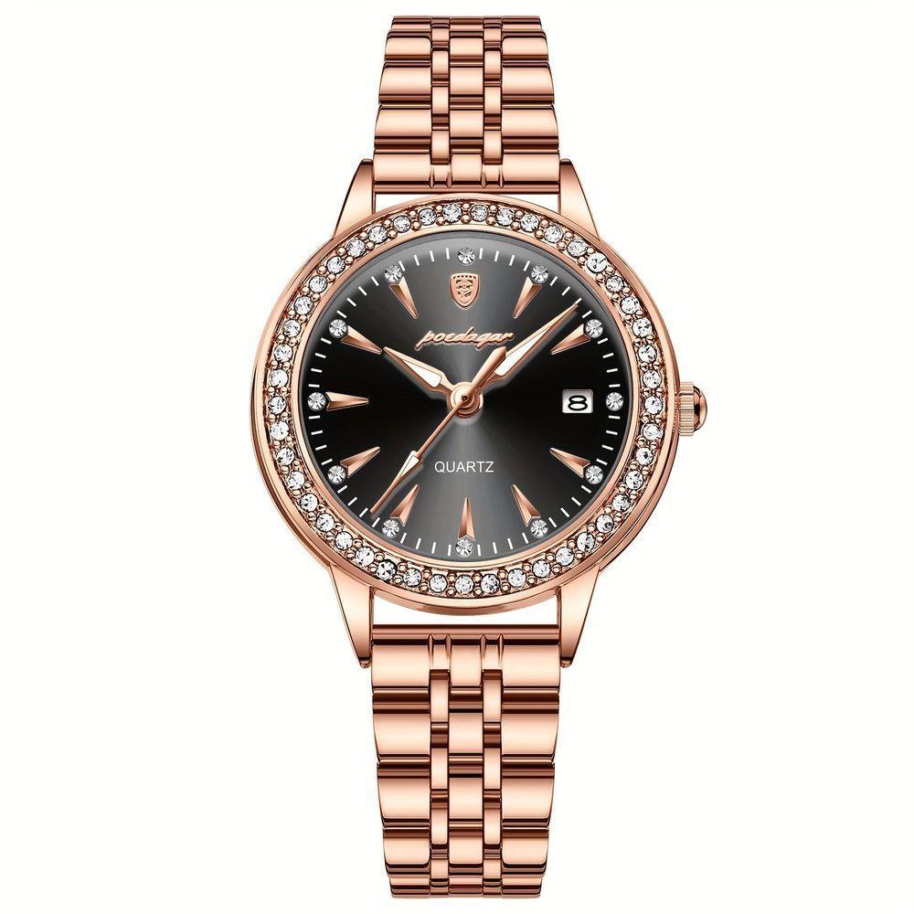 Relógio De Quartzo Elegante Para Mulheres Luxo Com Strass Pulseira De Aço Inoxidável Ouro Rosa Preto - 1