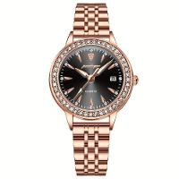 Relógio De Quartzo Elegante Para Mulheres Luxo Com Strass Pulseira De Aço Inoxidável Ouro Rosa Preto - 1