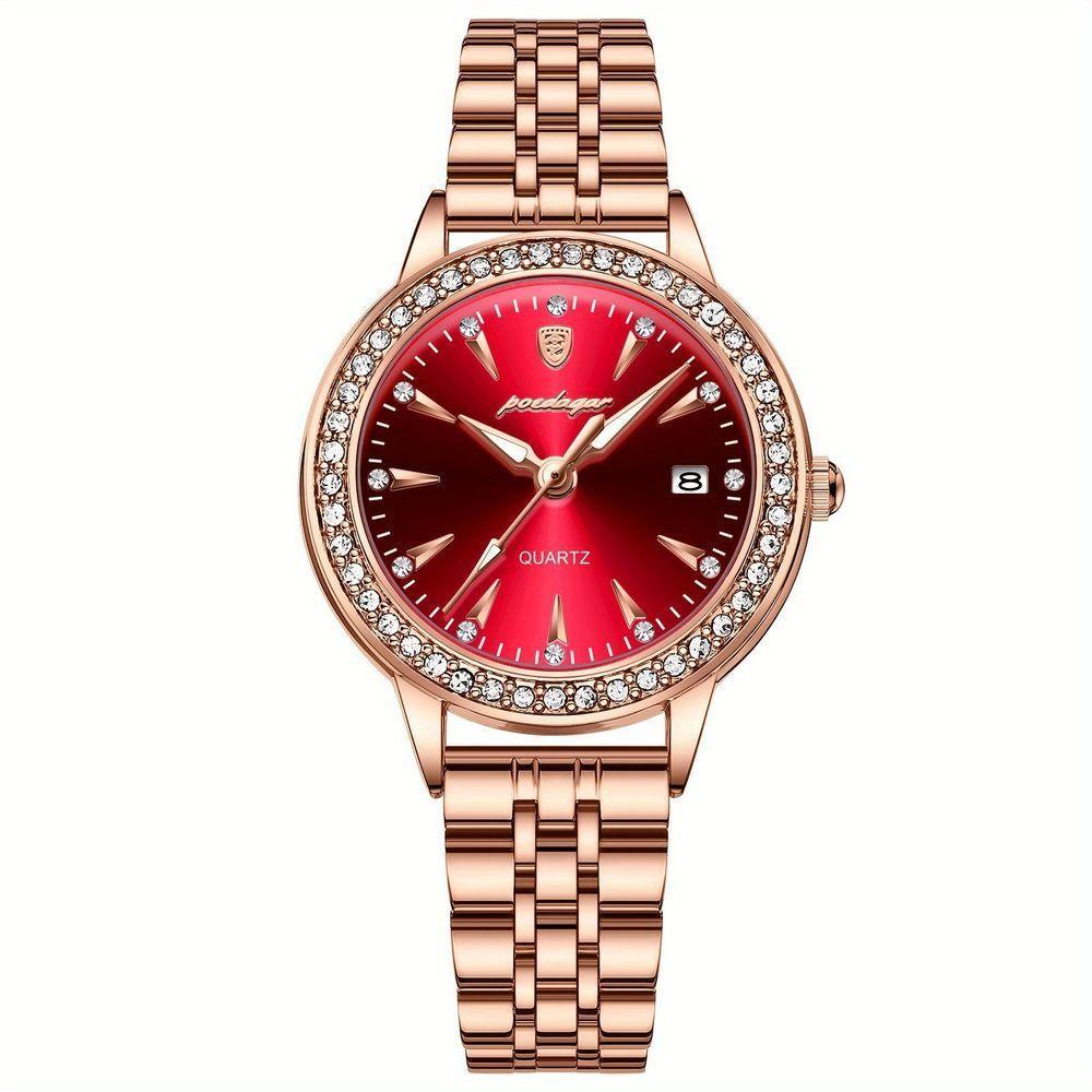 Relógio De Quartzo Elegante Para Mulheres Luxo Com Strass Pulseira De Aço Inoxidável Rosa Dourado Vermelho - 1