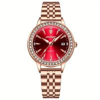 Relógio De Quartzo Elegante Para Mulheres Luxo Com Strass Pulseira De Aço Inoxidável Rosa Dourado Vermelho - 1