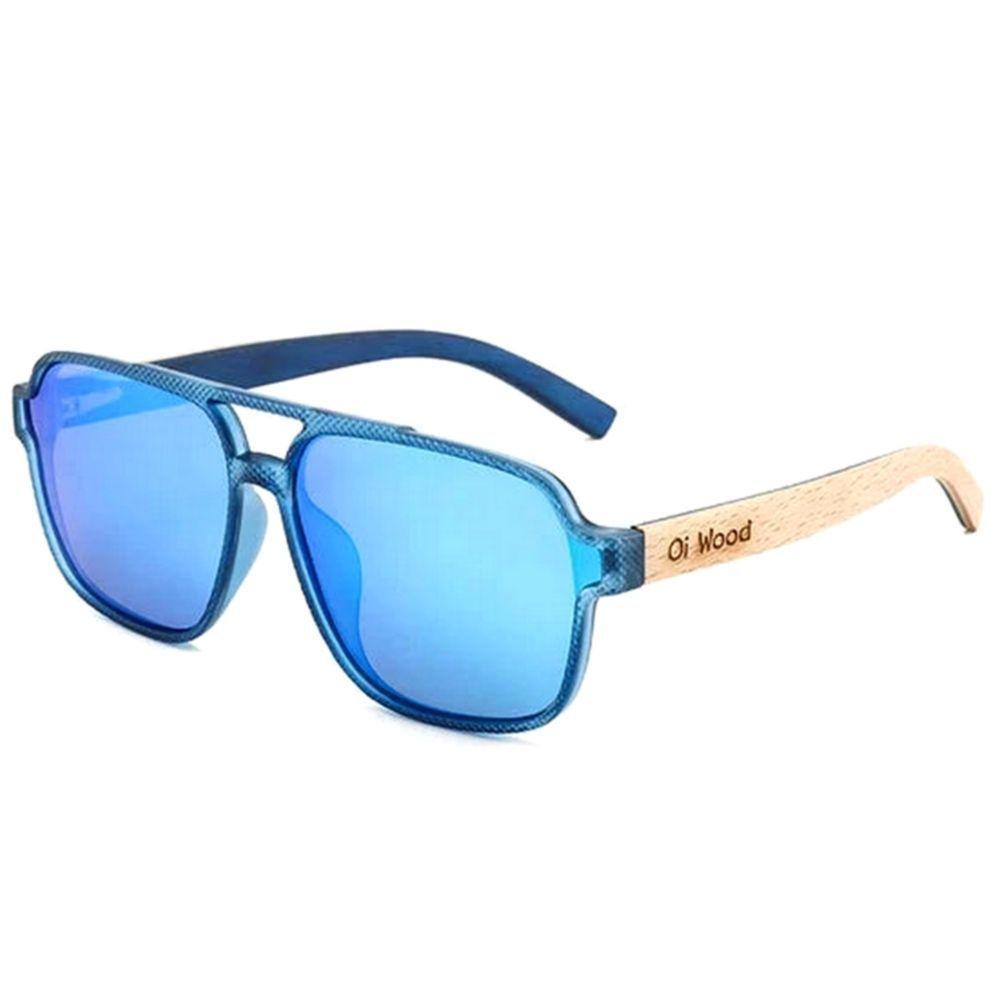 Óculos De Sol Unissex Quadrado Design Madeira Polarizado Com Proteção Uv400 Azul - 1