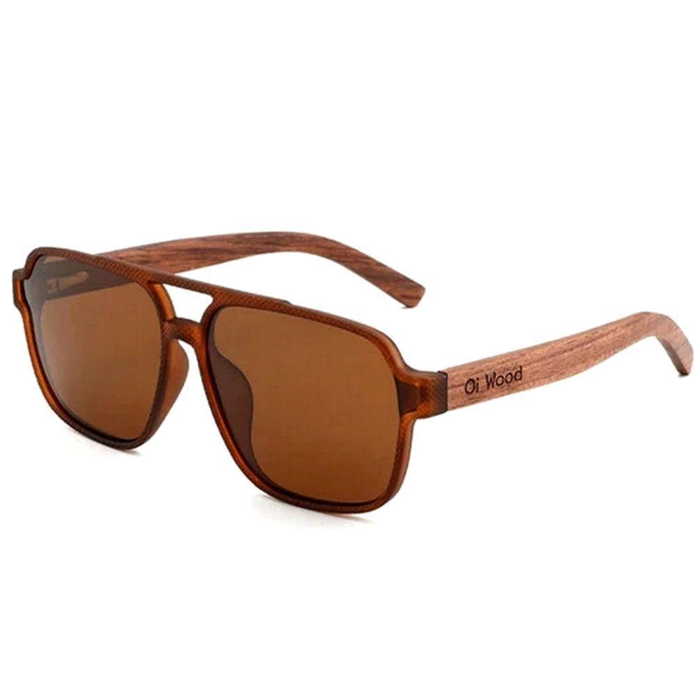 Óculos De Sol Unissex Quadrado Design Madeira Polarizado Com Proteção Uv400 Marrom - 1