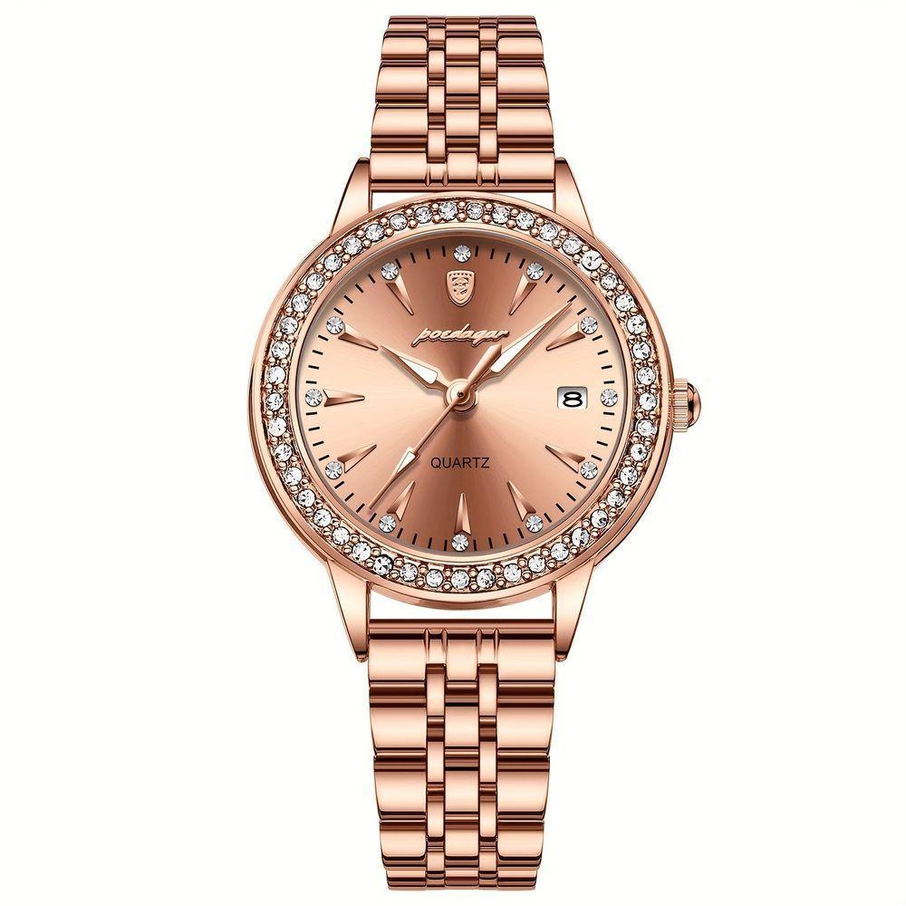 Relógio De Quartzo Elegante Para Mulheres Luxo Com Strass Pulseira De Aço Inoxidável Ouro Rosa Ouro - 1