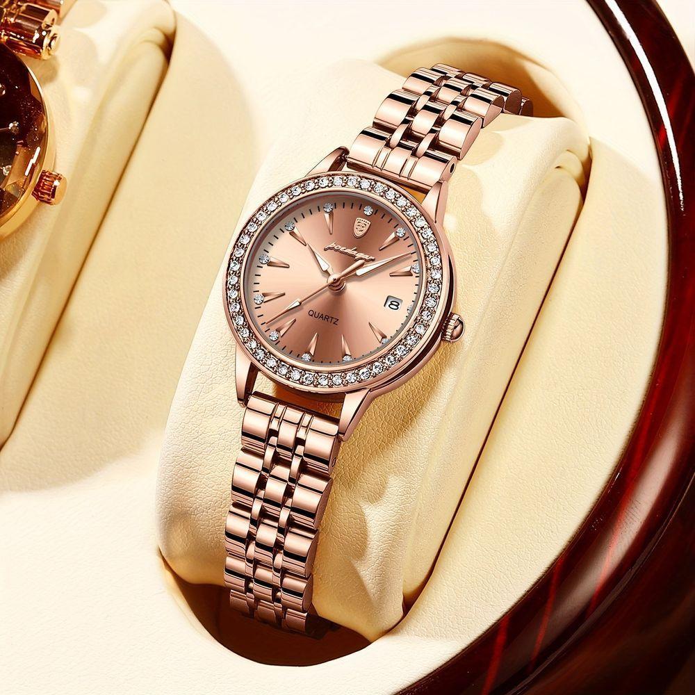 Relógio De Quartzo Elegante Para Mulheres Luxo Com Strass Pulseira De Aço Inoxidável Ouro Rosa Ouro - 2