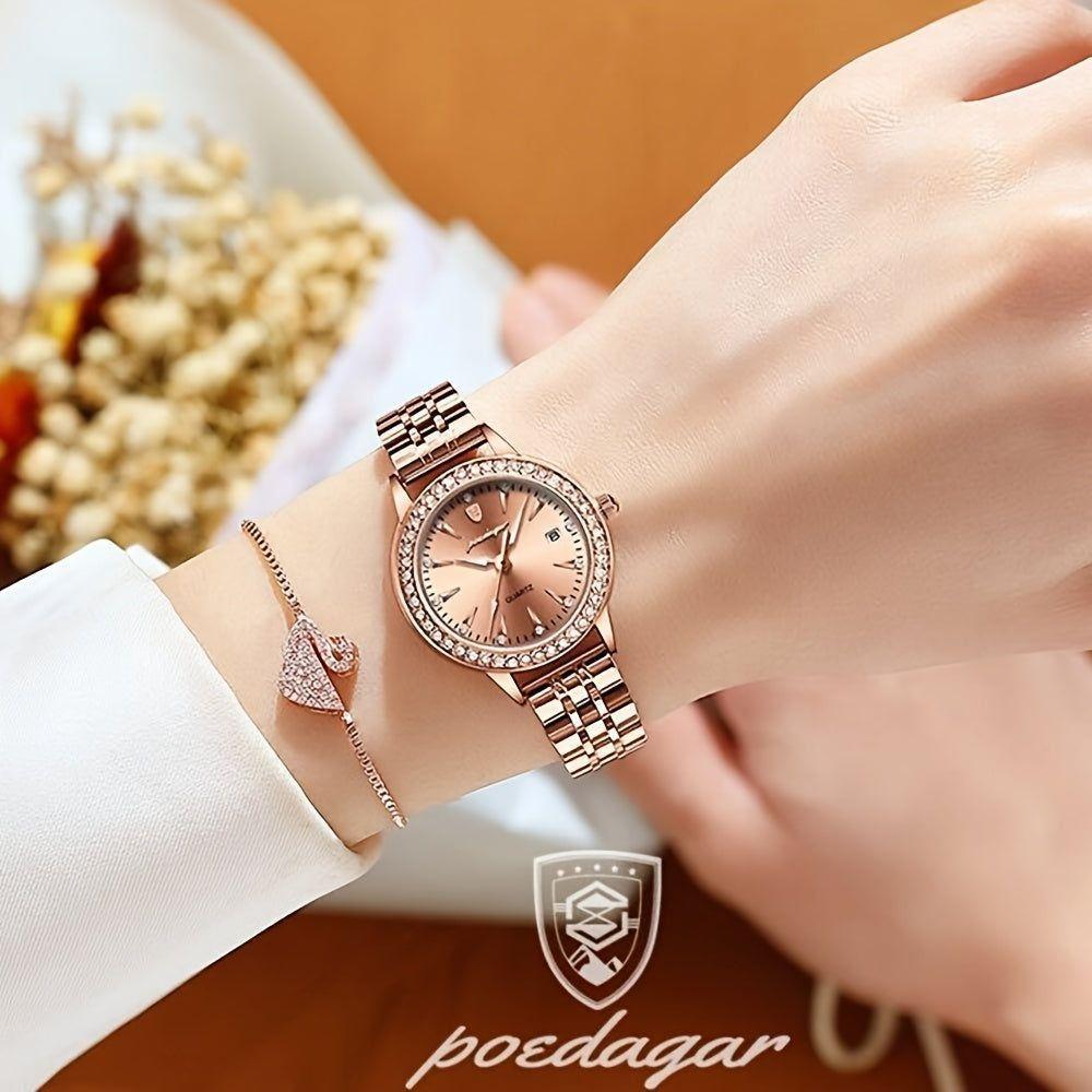 Relógio De Quartzo Elegante Para Mulheres Luxo Com Strass Pulseira De Aço Inoxidável Ouro Rosa Ouro - 3