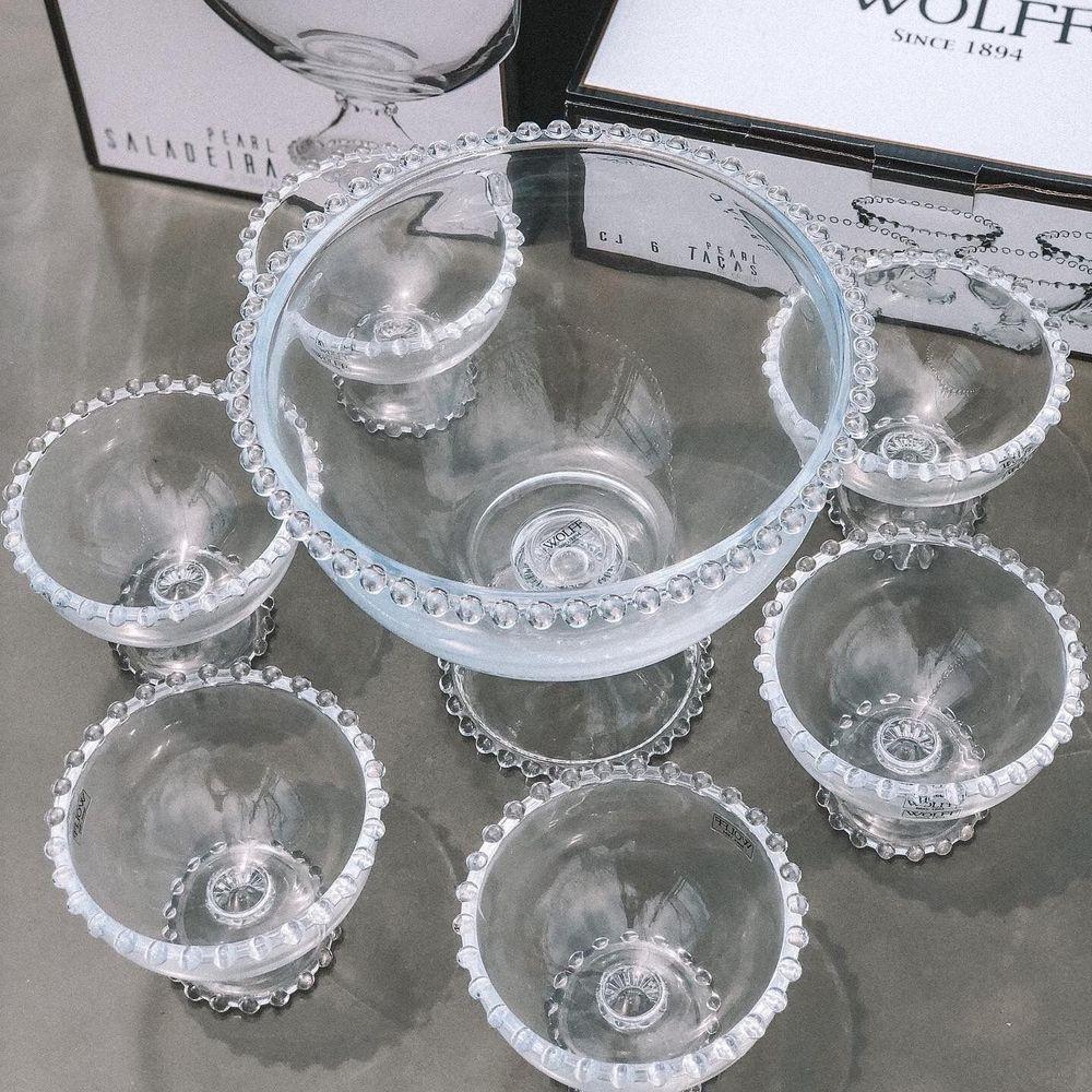 Combo Sobremesa - 1 Taça Grande + 6 Taças Pequenas Pearl Bolinha Wolff Transparente - 4
