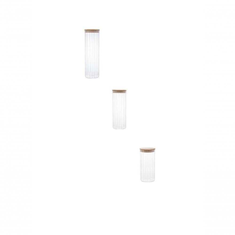 Kit 3 Potes De Vidro Canelados Com Tampa Bambu - 1