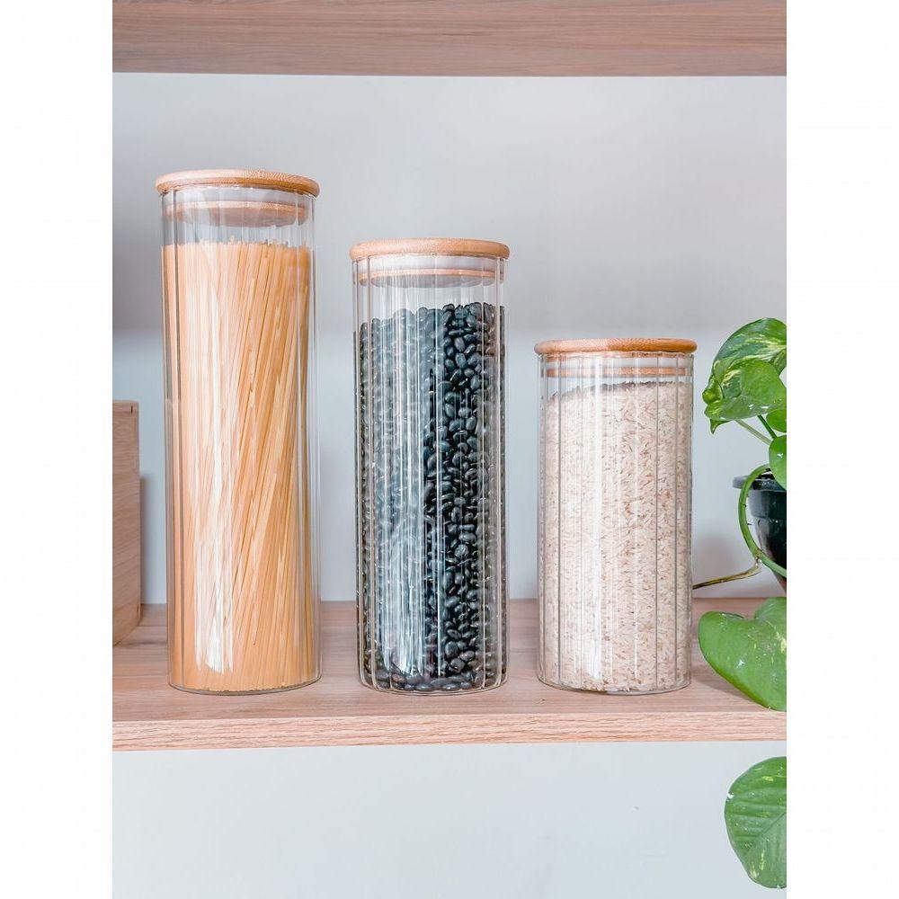 Kit 3 Potes De Vidro Canelados Com Tampa Bambu - 2