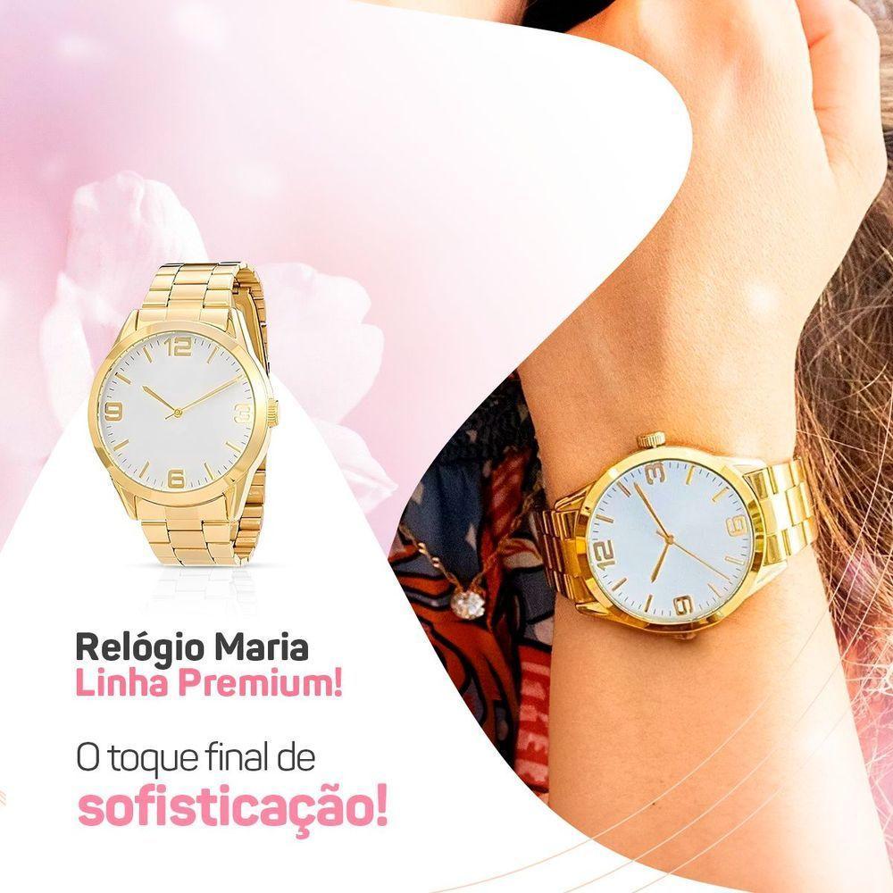Relogio Feminino Dourado Aço Inox + Pulseira Pandora + Caixa - 4
