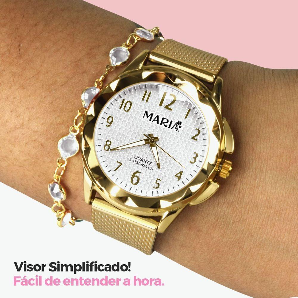 Relogio Feminino Dourado Aço Prova Dagua + Caixa + Pulseira - 6