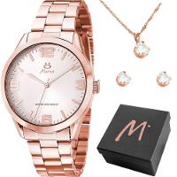 Relogio Feminino Aço Banhado Rose + Caixa + Brincos Colar Qualidade Premium Strass Inoxidável Casual - 1