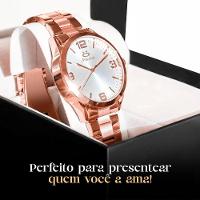 Relogio Feminino Aço Banhado Rose + Caixa + Brincos Colar Qualidade Premium Strass Inoxidável Casual