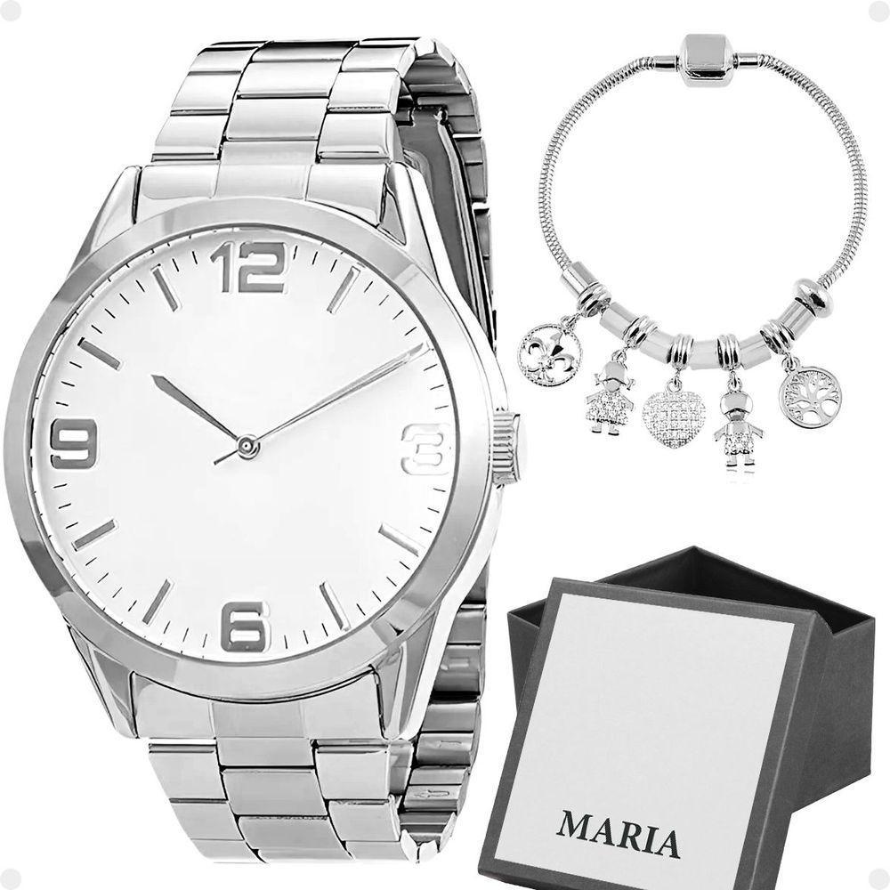 Relogio Feminino Prata Aço Inox + Caixa + Pulseira Pandora - 1