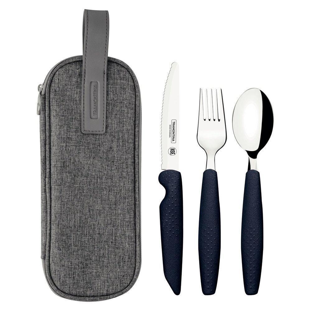Jogo Talheres Assistivos Tramontina Forall 4 Peças Lâminas Inox Cabos Cinza Estojo - 1
