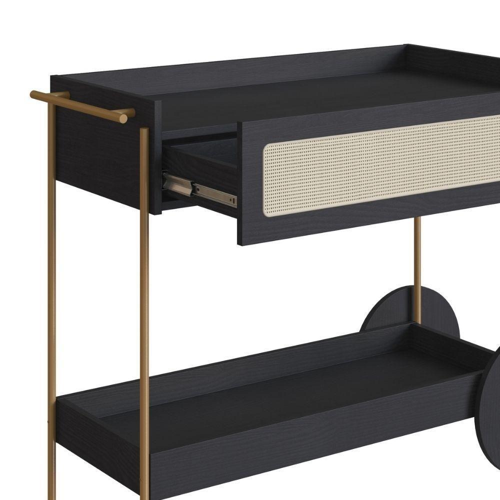 Carrinho Bar 1 Gaveta Oslo Artesano 112 Cm Largura Mdp Nero Palha Sintética Bege Pé Metal Dourado - 3