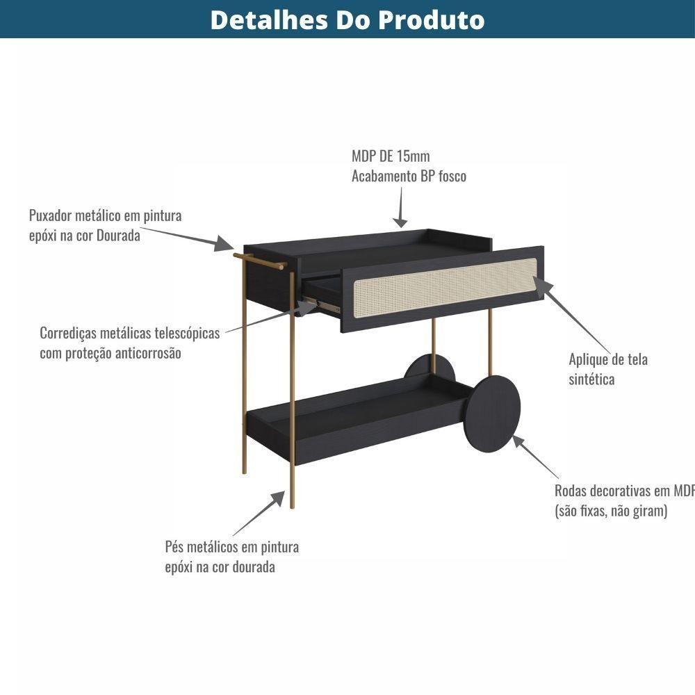 Carrinho Bar 1 Gaveta Oslo Artesano 112 Cm Largura Mdp Nero Palha Sintética Bege Pé Metal Dourado - 5