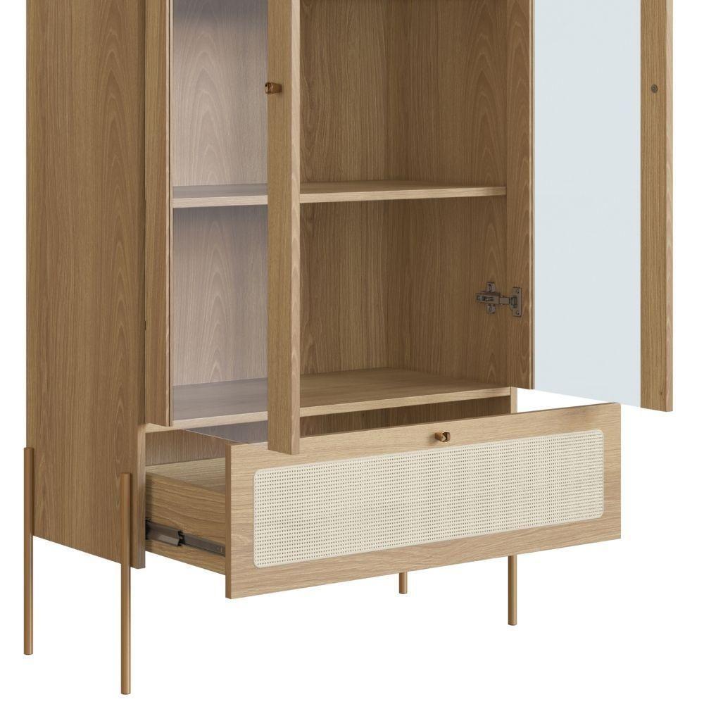 Cristaleira 2 Portas Oslo Artesano 83 Cm Largura Mdp Hanover Palha Sintética Bege E Pés Metal Dourado - 2