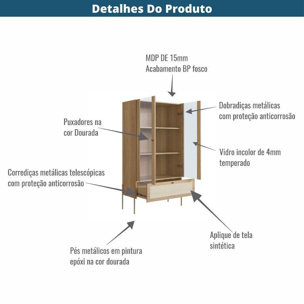 Cristaleira 2 Portas Oslo Artesano 83 Cm Largura Mdp Hanover Palha Sintética Bege E Pés Metal Dourado - 4