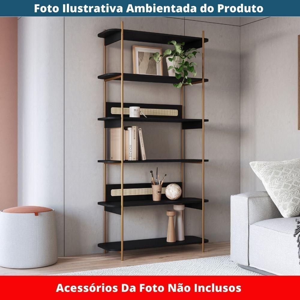 Estante Oslo Artesano 90 Cm Largura Mdp Nero Palha Sintética Bege Pé Metal Dourado - 2