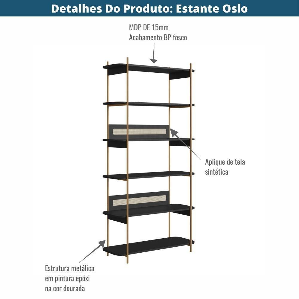 Estante Oslo Artesano 90 Cm Largura Mdp Nero Palha Sintética Bege Pé Metal Dourado - 5