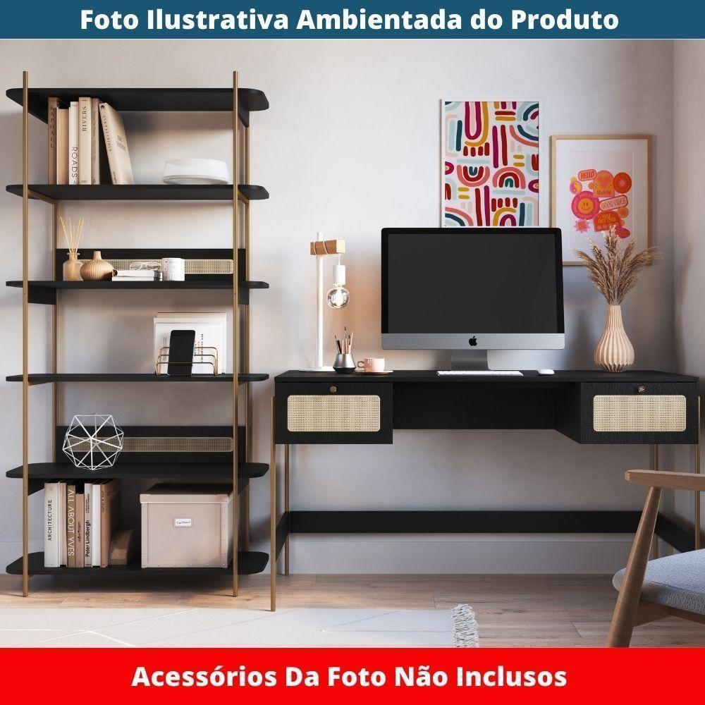 Estante Oslo Artesano 90 Cm Largura Mdp Nero Palha Sintética Bege Pé Metal Dourado - 6