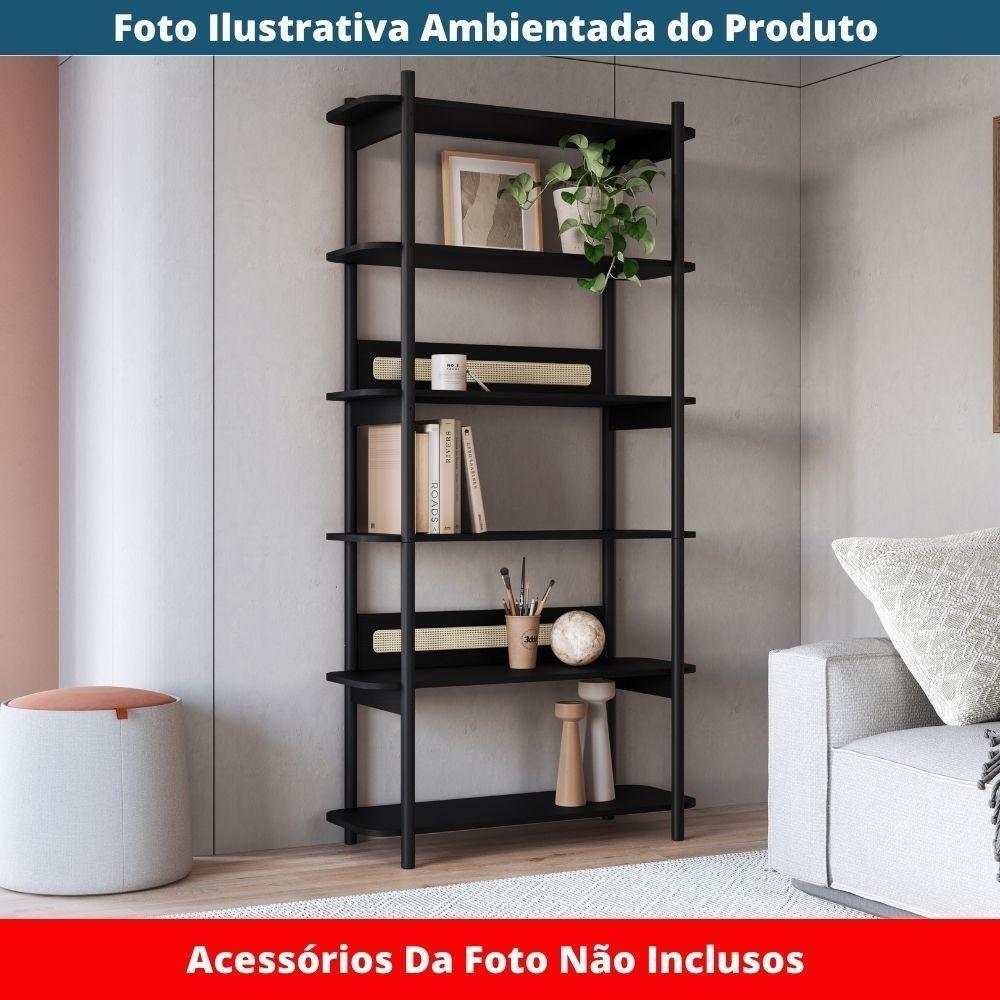 Estante Oslo Artesano 90 Cm Largura Mdp Nero Palha Sintética Bege Pé Madeira Maciça - 2