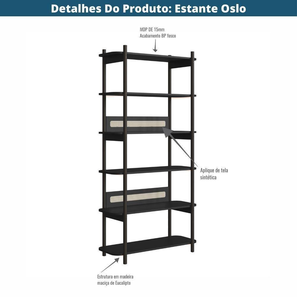 Estante Oslo Artesano 90 Cm Largura Mdp Nero Palha Sintética Bege Pé Madeira Maciça - 5