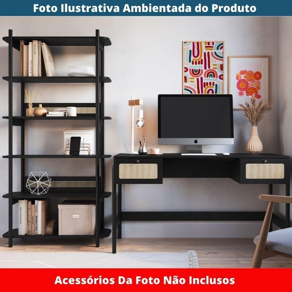 Estante Oslo Artesano 90 Cm Largura Mdp Nero Palha Sintética Bege Pé Madeira Maciça - 6