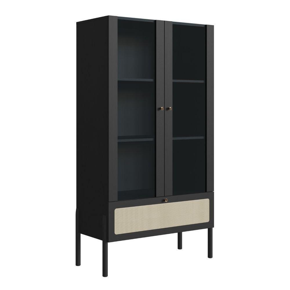 Cristaleira 2 Portas Oslo Artesano 83 Cm Largura Mdp Nero Palha Sintética Bege E Pés Madeira Maciça - 1