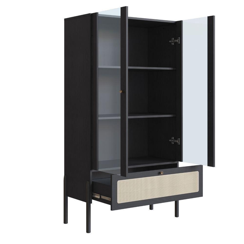 Cristaleira 2 Portas Oslo Artesano 83 Cm Largura Mdp Nero Palha Sintética Bege E Pés Madeira Maciça - 2