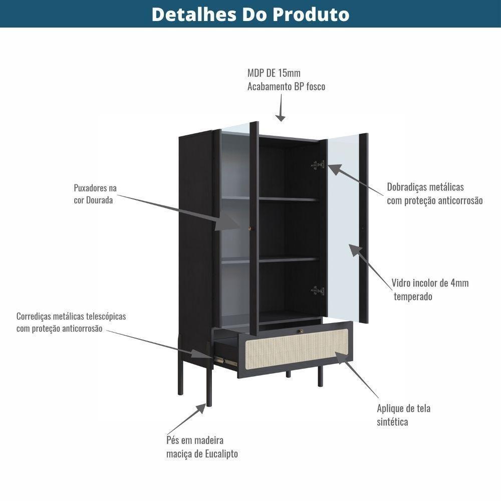 Cristaleira 2 Portas Oslo Artesano 83 Cm Largura Mdp Nero Palha Sintética Bege E Pés Madeira Maciça - 3