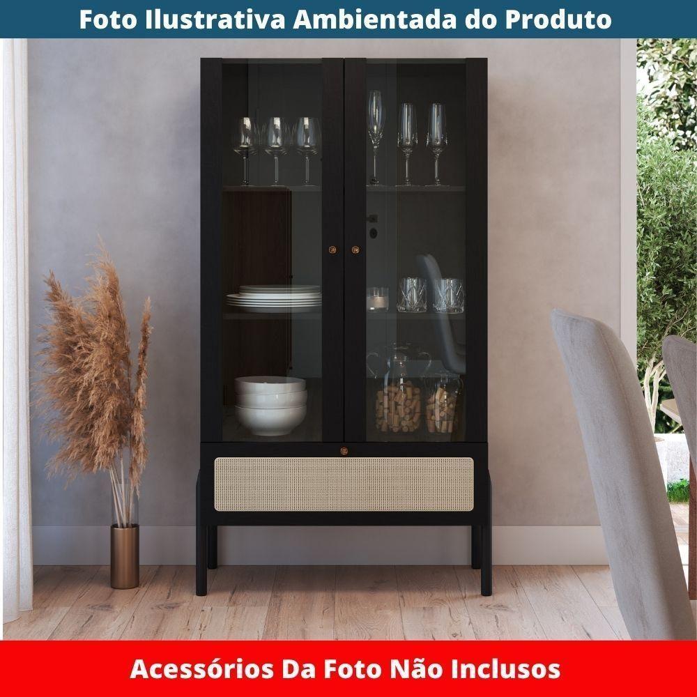 Cristaleira 2 Portas Oslo Artesano 83 Cm Largura Mdp Nero Palha Sintética Bege E Pés Madeira Maciça - 5