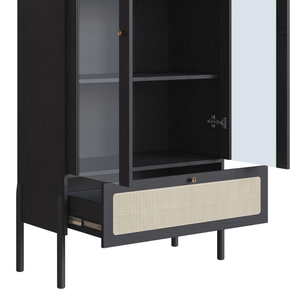 Cristaleira 2 Portas Oslo Artesano 83 Cm Largura Mdp Nero Palha Sintética Bege E Pés Madeira Maciça - 7