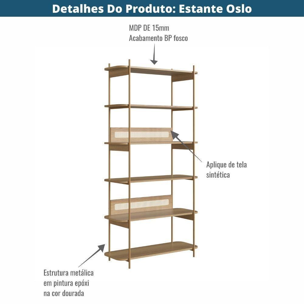 Estante Oslo Artesano 90 Cm Largura Mdp Hanover Palha Sintética Bege Pé Metal Dourado - 4