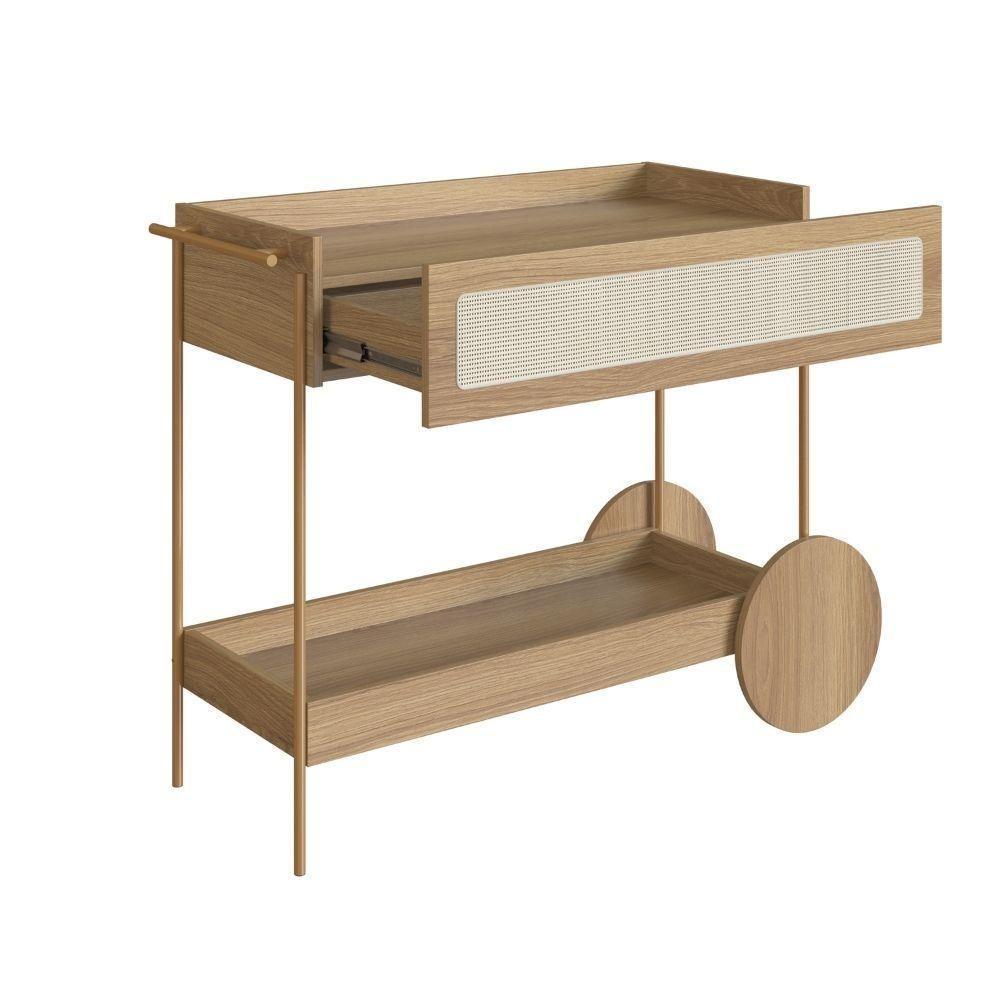 Carrinho Bar 1 Gaveta Oslo Artesano 112 Cm Largura Mdp Hanover Palha Sintética Bege Pé Metal Dourado - 2