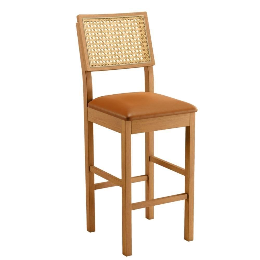 Banqueta Jade 03 Madeira Maciça Jcm Encosto Rattan E Couro Caramelo - 1